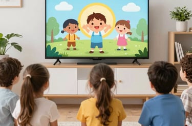 A colorful illustration of children gathered around an open Bible with smiling faces.