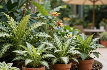 A cozy customer service desk surrounded by lush green plants and natural light.