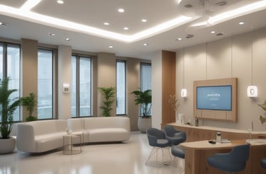 A friendly receptionist answering a phone call in a cozy orthopedic clinic.