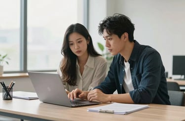 A friendly consultant assisting a Latin American student with study plans in a bright office