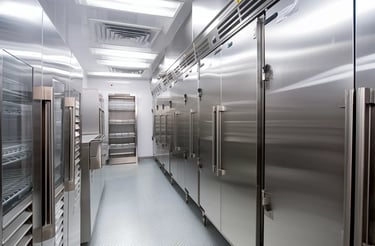 A commercial kitchen featuring rows of stainless steel refrigerators and freezers.