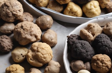 Six chocolate truffles rest on a clean white plate with a smooth, light background, creating a minimalist and elegant presentation. Each truffle is coated with a fine dusting of cocoa powder.