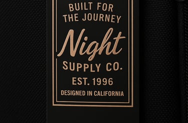 black hang tag showing brand details