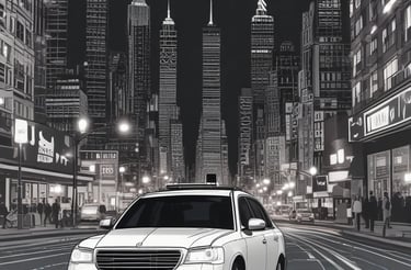 A taxi moving through a wet, dimly lit urban environment at night. The reflection of streetlights and surrounding elements is visible in the wet pavement. Two people are inside the vehicle, with one seemingly looking at a device.