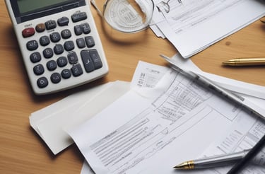 Modern office workspace with people collaborating over financial documents.