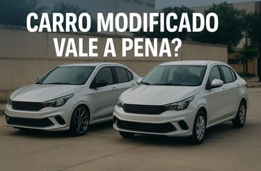 Dois carros brancos lado a lado em um estacionamento urbano: à esquerda, um modelo modificado com ro