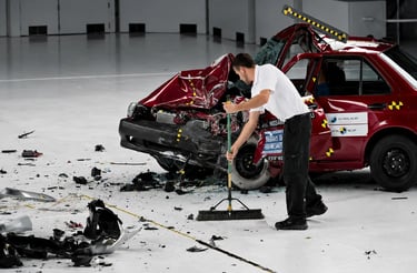 Carro destruído após teste de colisão em laboratório de segurança automotiva.