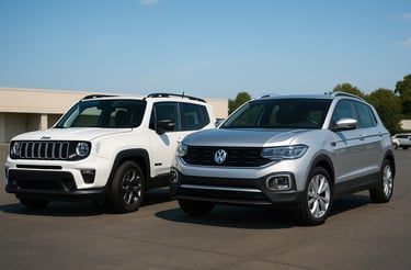 SUV Jeep Renegade branco e Volkswagen T-Cross preto lado a lado em cenário urbano moderno