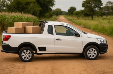 Picape branca carregada com caixas em estrada de terra, representando uso de carro utilitário para t