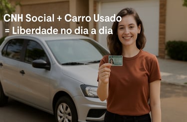 Jovem sorridente segurando CNH ao lado de carro usado em rua residencial, com frase sobre liberdade.