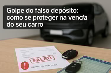 Comprovante com carimbo “FALSO”, chave de carro e CRV sobre a mesa, com SUV desfocado ao fundo.