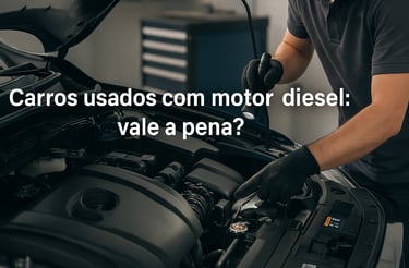 Mecânico inspeciona motor diesel com lanterna em oficina, com texto: “Carros usados com motor diesel