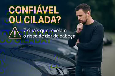 Homem observando um carro usado em um pátio com expressão de dúvida, ao lado da frase “Confiável ou 