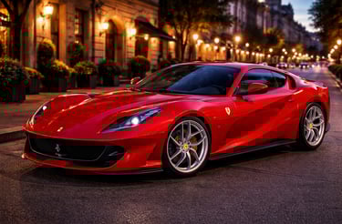 Ferrari 812 Superfast vermelho em rua iluminada à noite