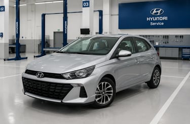 Hyundai HB20 prata em oficina autorizada moderna e limpa sem placa dianteira
