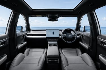 Interior do Toyota bZ3X com teto panorâmico e vista para o mar.