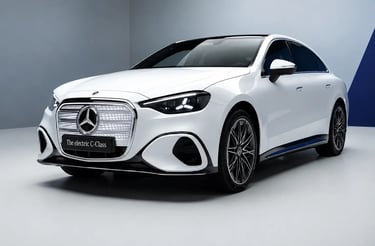 Mercedes Classe C elétrico branco em estúdio com design futurista, grade iluminada