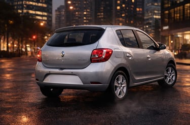 Renault Sandero Dynamique 2015 1.6 traseira em ângulo lateral em cenário urbano
