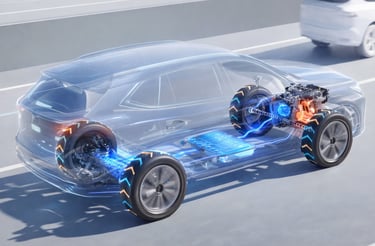 Sistema híbrido de carro mostrando bateria elétrica e motor a combustão funcionando juntos