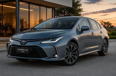 Toyota Corolla 2025 cinza estacionado em frente a prédio moderno ao entardecer.