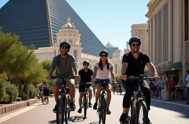 a group of people riding bikes down at the luxor hotel