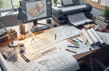 ficticios pic of architects desktop with design drawings