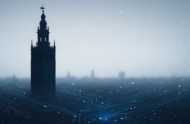 Foto de la Giralda de Sevilla y representando tecnología e Inteligencia Artificial.