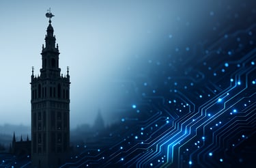 Tecnología, Inteligencia Artificial y la Giralda un edificio emblemático en Sevilla.