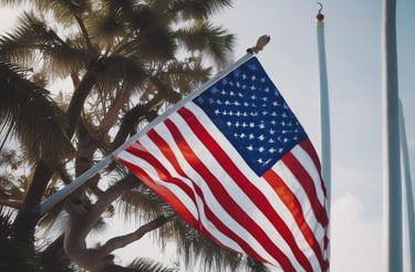 A man in a suit and tie is standing in front of an American flag and a blue curtain with a government seal partially visible. He has a serious and composed expression on his face.
