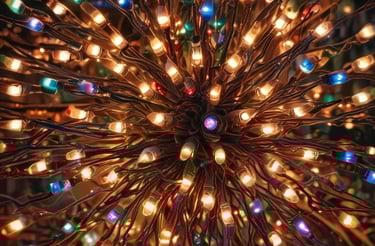 a large, multicolored light fixture- like light bulbled chandelier