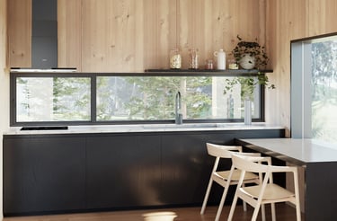 a kitchen with a wooden counter top and a window