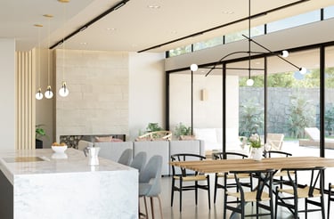 Une cuisine avec une table, des chaises et une autre table