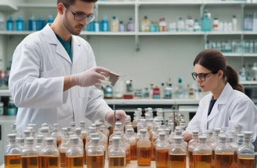 A dimly lit room with a fluorescent green glow coming from a double door. A plant with long leaves is positioned in front of the door. A small cart with a transparent top holds a bottle and a plastic container, while two large bottles are stored in its open shelves. A refrigerator is visible in the corner with papers attached to its front.