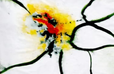 Détail du cœur de la première toile abstraite de Jacqueline Poitevin, acrylique 80x190 cm, gestuel