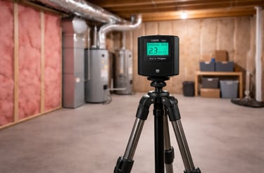 Radon testing device on tripod in unfinished basement