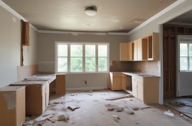 Aerial view of a construction site featuring multiple partially constructed buildings with a combination of flat and sloped roofs. The site is surrounded by a mix of residential houses and green areas. There are construction materials scattered around, and the roads nearby are bordered by trees and small residential properties.