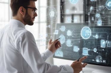 A sign for 'Shallom Komputer' is displayed prominently on the facade of a building, surrounded by lush green trees. The sign offers information about services related to hardware, software, networking, and accessories. The building features several rectangular windows and air conditioning units.