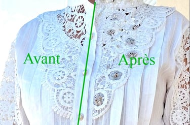 Superbe chemise blanche en coton et dentelle - Travail de broderie  commencé sur le côté droit