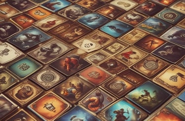 A board game setup with colorful wooden game pieces, known as meeples, placed on square tiles. The tiles depict green fields and small sections of villages or roads.