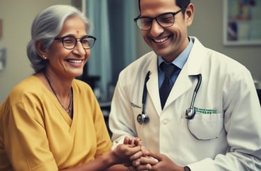 A friendly cardiologist consulting with a patient in a warm clinic setting.