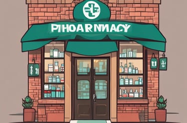 Bright neon signs in orange and yellow light up the storefront of a pharmacy, visible through metal security bars. The silhouette of a person walking by is prominent in the foreground, set against the vibrant colors. Additional signage displays a lottery number in bright white and blue.