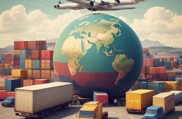 a plane flying over a large globe with cargo containers and trucks