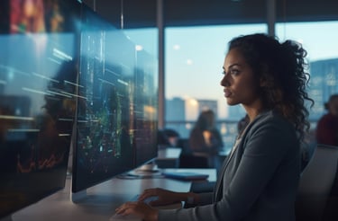a woman sitting at a desk with a computer monitor and a keyboard
