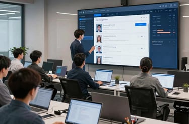 A monochromatic indoor scene featuring a consultation area with a modern design. Two people are seated at a long wooden table, working on laptops, while another person stands nearby. Bookshelves are visible beneath the table, and a sign reads 'Consultation Specialisee'. Overhead lighting and glass partitions add to the contemporary architectural style.