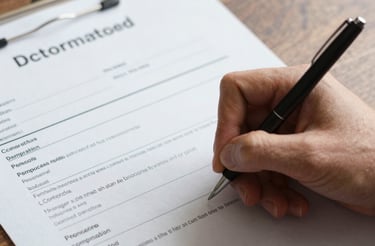 A close-up of a hand filling out a waiver form on a clipboard with a pen.