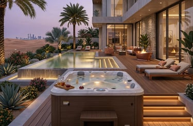 Luxury outdoor hot tub on a modern deck overlooking a lighted infinity pool and desert landscape at sunset.