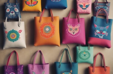 Handcrafted bags displayed on a wooden table with natural lighting.
