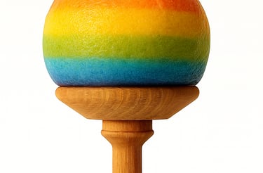 a rainbow - colored fruit on a wooden stick
