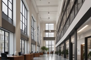 A modern multi-story building with numerous windows, featuring a central entrance labeled 'Leasing Office'. A pathway leads up to the entrance, bordered by manicured plants and palm trees. A zebra crossing stretches across the asphalt road in front of the building.