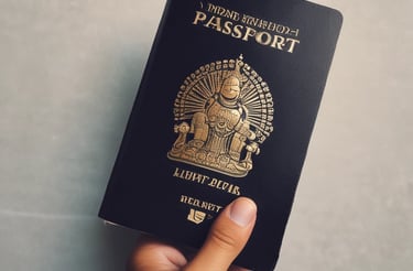 A hand is holding a brown passport with an emblem and text on the cover that indicates it is a Thailand passport. The text is in both Thai and English, and the background is plain and light-colored.